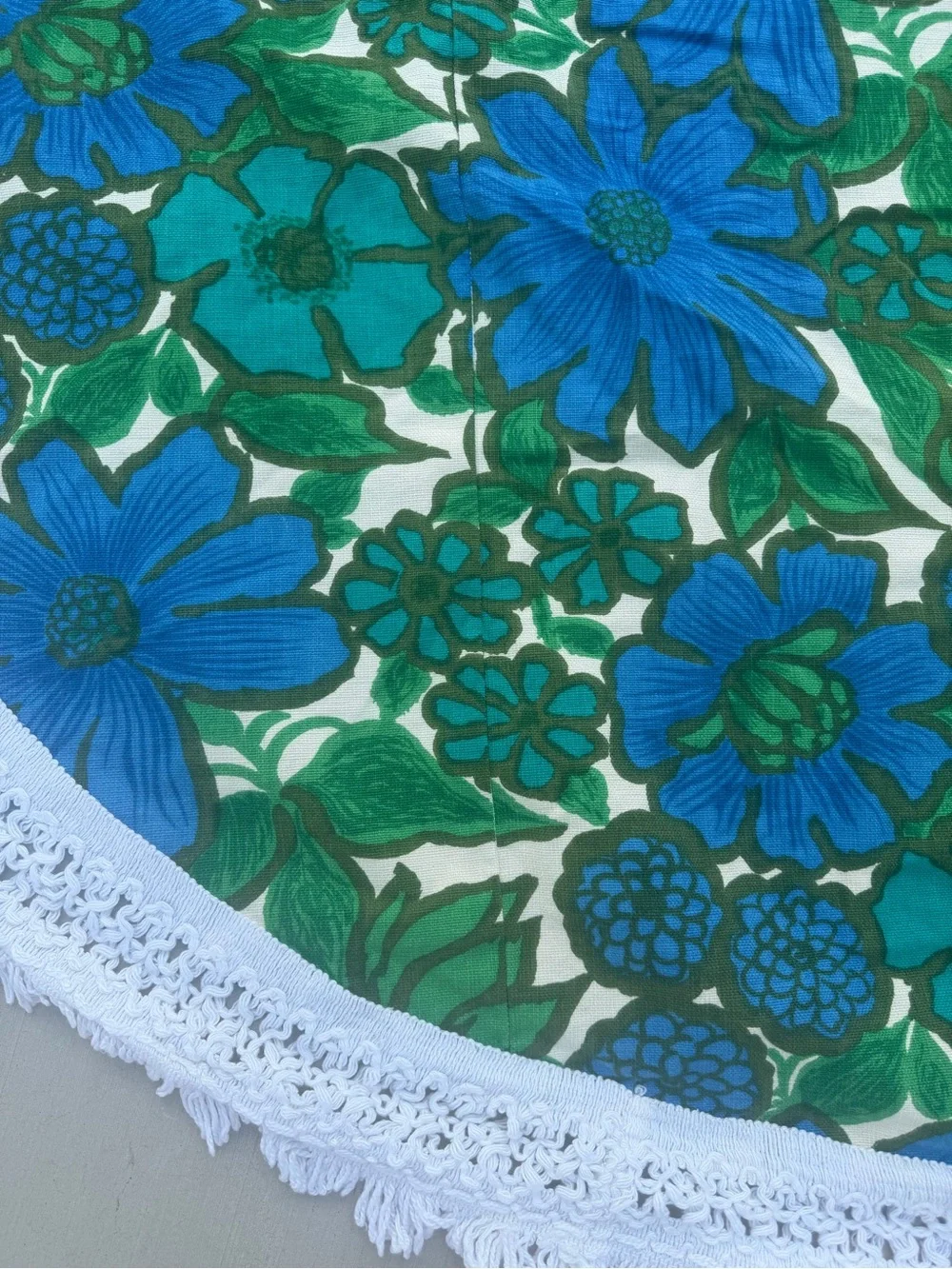 Vintage Retro Blue White Floral Round Tablecloth with Fringe Groovy